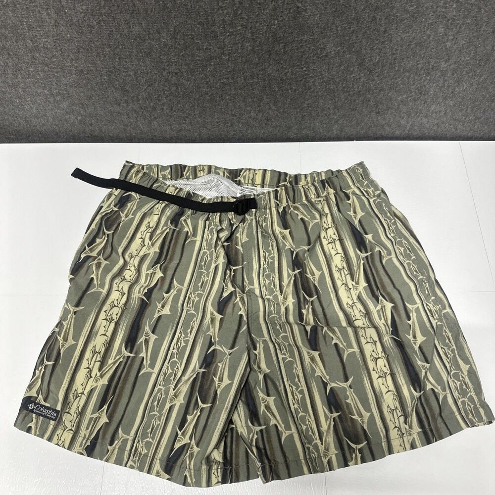 Vintage Columbia Swim Shorts Mens Large Green Marlin Fish Print Belted 90s